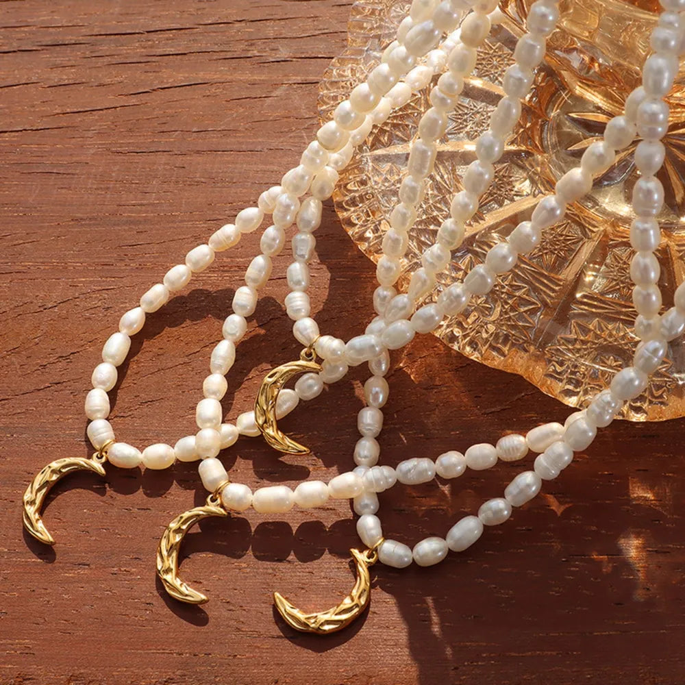 Titanium Steel Pearl Moon-shaped Necklace