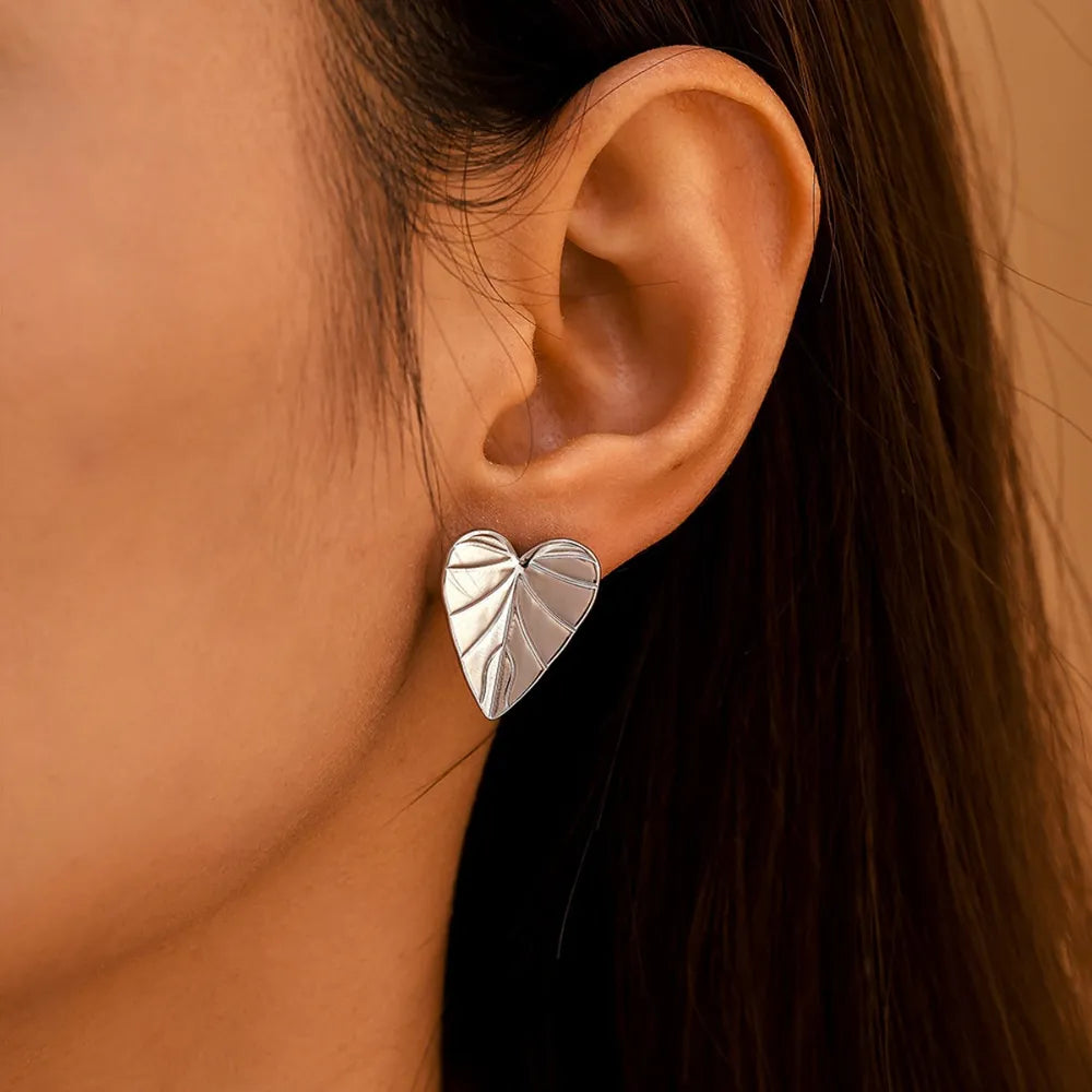 Stainless Steel Simple Heart - shaped Leaf Stud Earrings