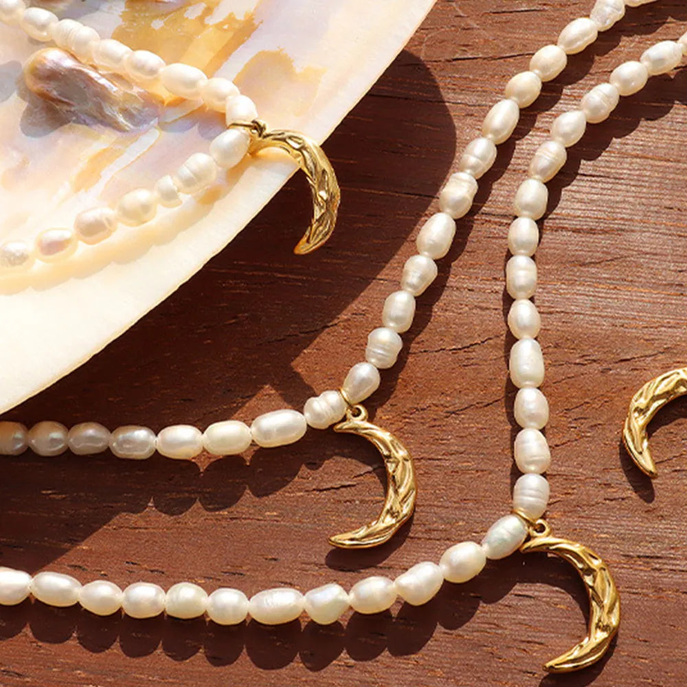Titanium Steel Pearl Moon-shaped Necklace