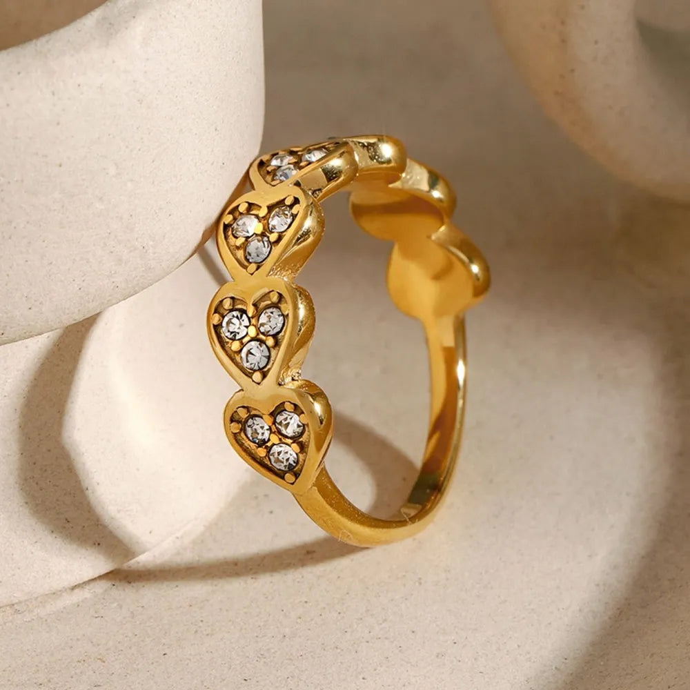 Stainless Steel Inlaid Rhinestones Heart Ring