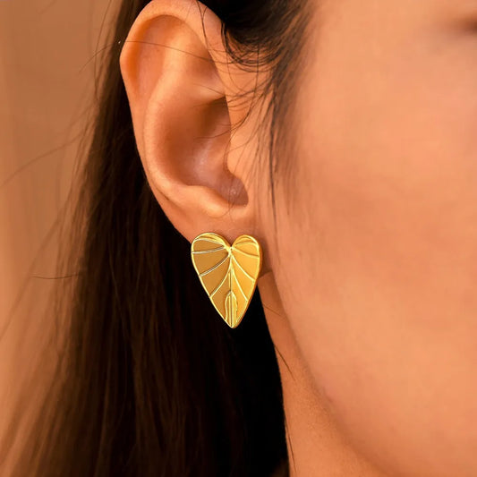 Stainless Steel Simple Heart - shaped Leaf Stud Earrings