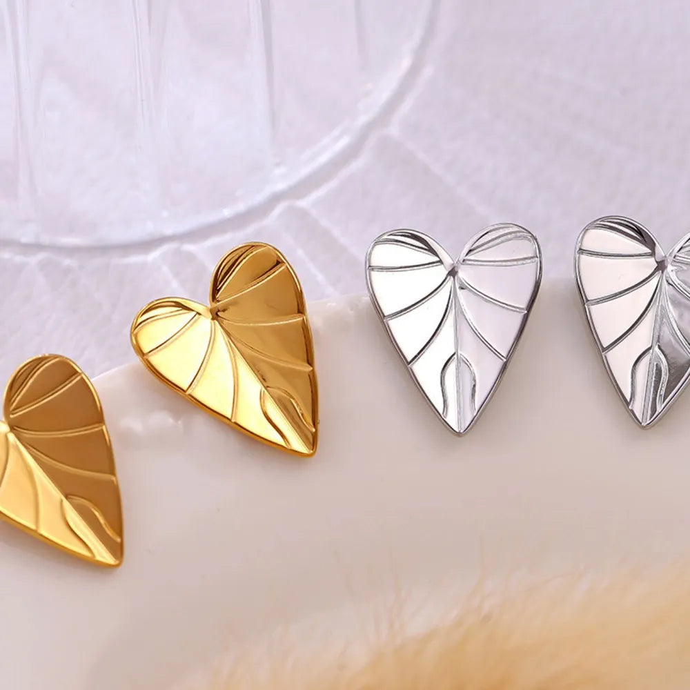 Stainless Steel Simple Heart - shaped Leaf Stud Earrings