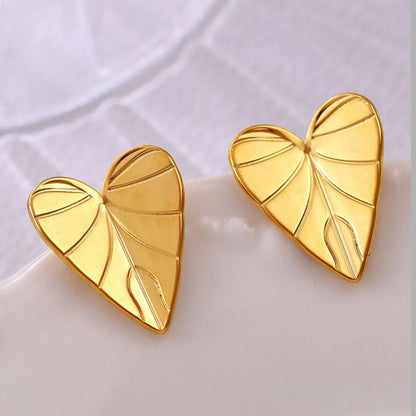 Stainless Steel Simple Heart - shaped Leaf Stud Earrings