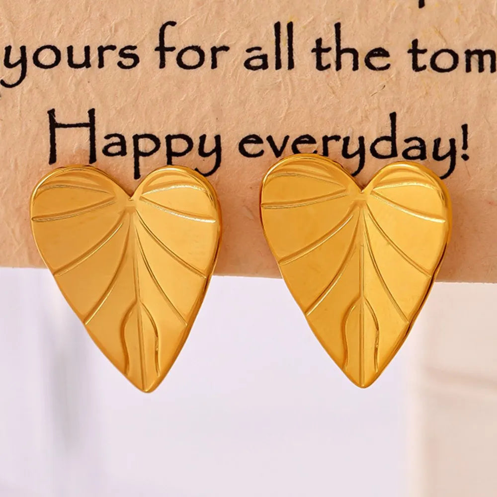 Stainless Steel Simple Heart - shaped Leaf Stud Earrings