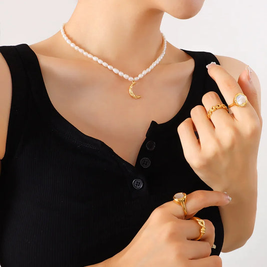 Titanium Steel Pearl Moon-shaped Necklace