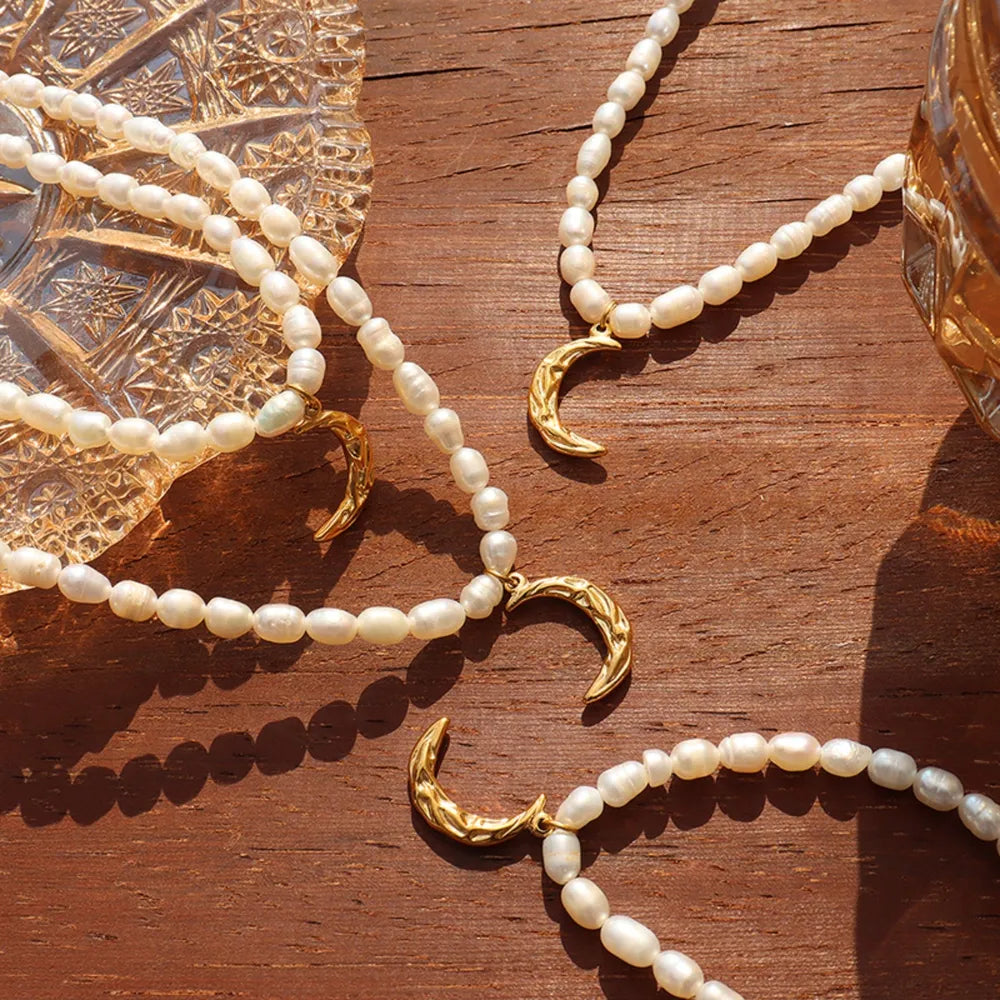 Titanium Steel Pearl Moon-shaped Necklace