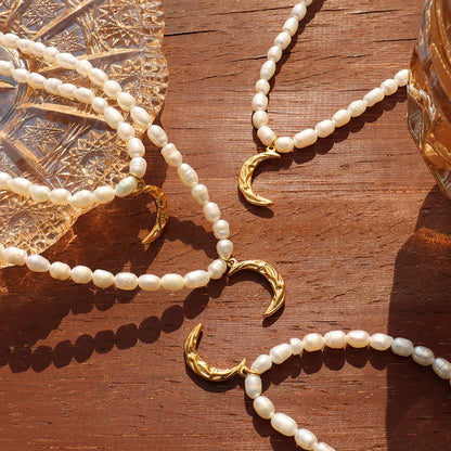 Titanium Steel Pearl Moon-shaped Necklace